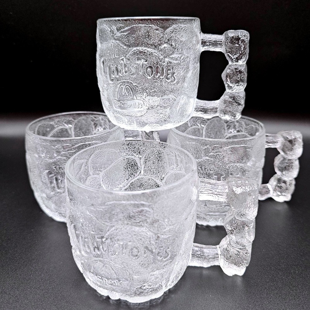 Vintage McDonald's The Flintstones Rocky Road Mug Set Of 4 Clearโ Glass